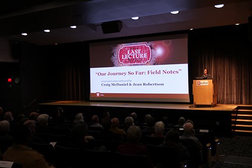 Faculty and Staff meet in the Campus Center Theater for Last Lecture Event.  